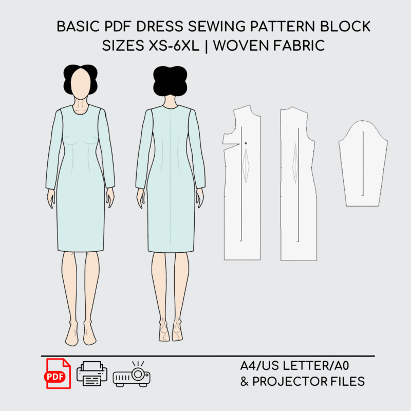 Basic Dress without Waist Seam Sewing Pattern Block |  XS- 6XL | Woven