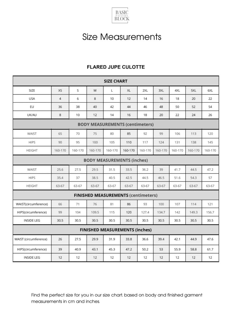 A Line Jupe Culottes | Pattern Block | XS - 6XL - Basic Pattern Block