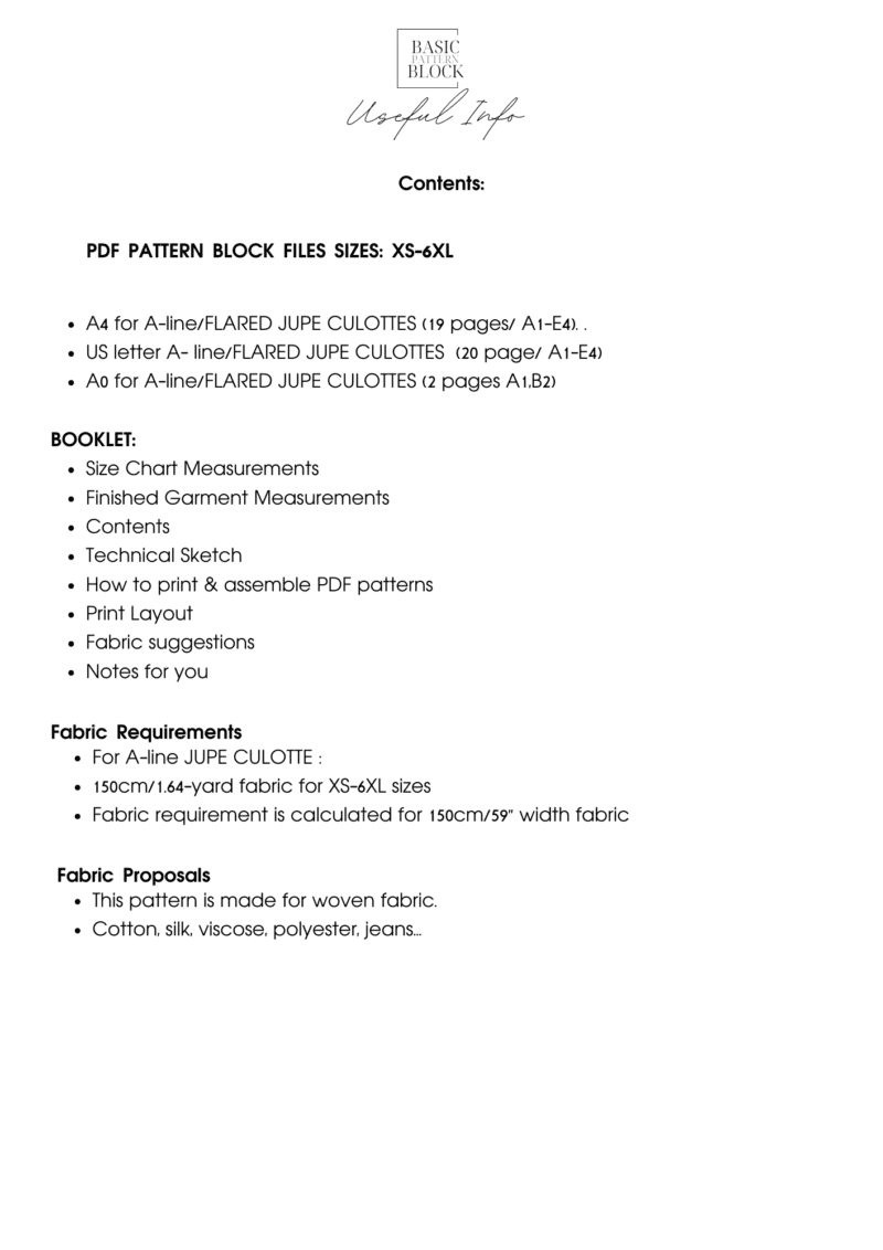 A Line Jupe Culottes | Pattern Block | XS - 6XL - Basic Pattern Block